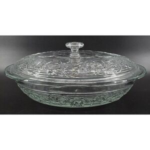 Vtg Anchor Hocking Avalon Clear Oval Covered Casserole Dish Glass 3 Qt Floral